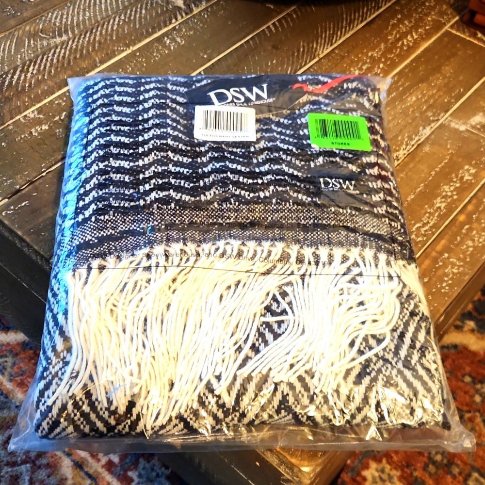 Blanket from dsw, black and white shaggy ends.